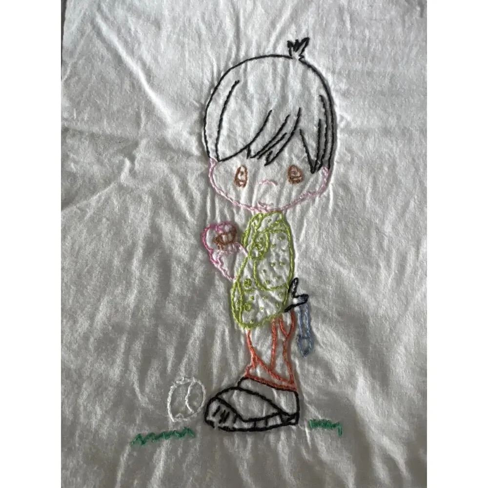 Vintage Hand Embroidered Child’s Quilt – Blue & White Precious Moments Style